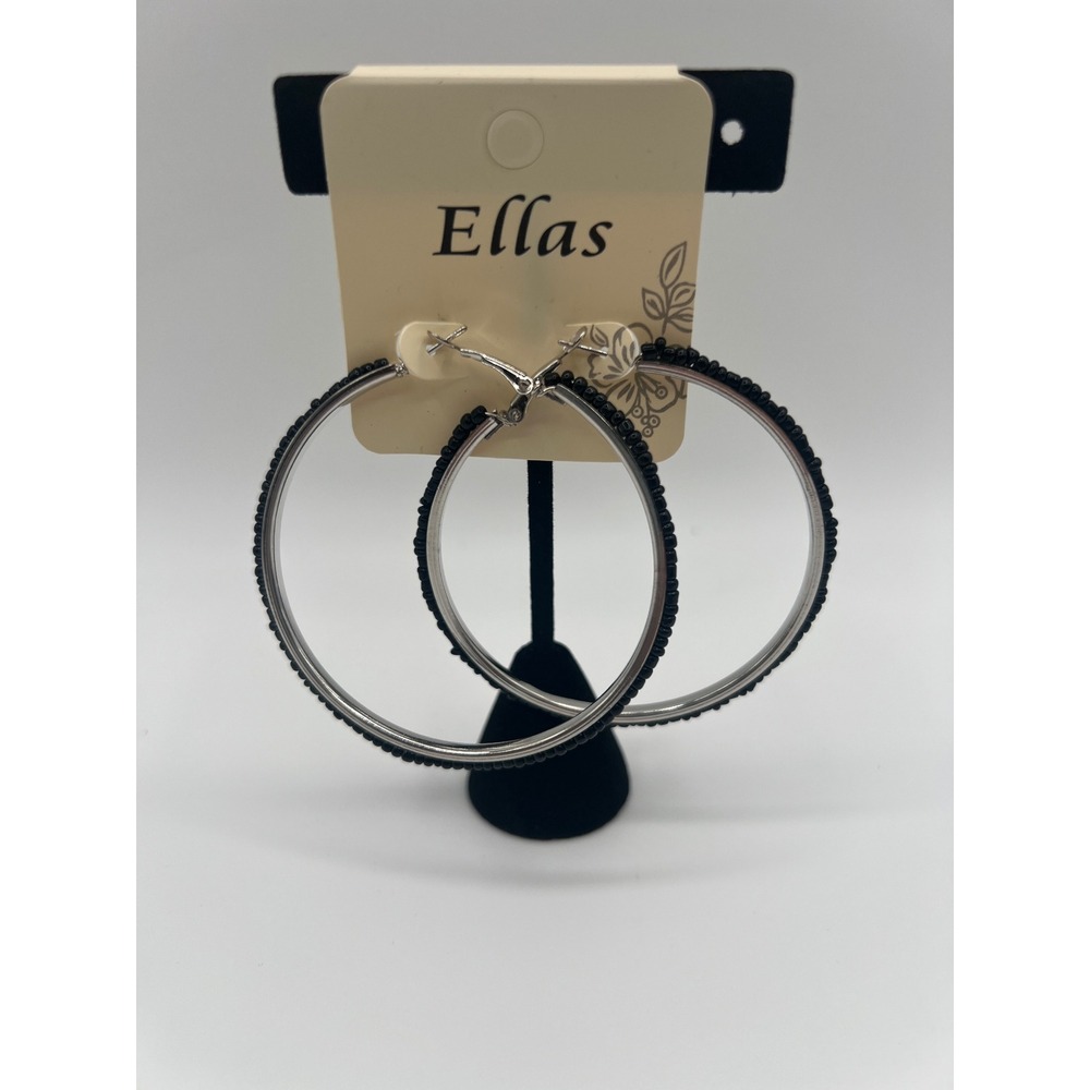 Ellas Silver Tone Hoop Earrings Black Seed Bead Trim Oversized Fashion Hoops